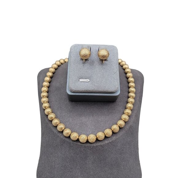 Crown Trifari 1960s Jewelry Set Metal Bead 16" Necklace & Clip On Earrings - Picture 2 of 16